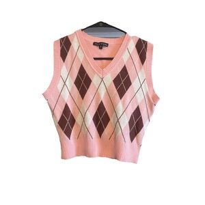 Haute Monde Crop Top Women's Med Pink Argyle Cropped Sweater Vtg 90's Y2K